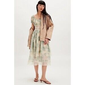 Free People Honeysuckle Printed Midi Dress Floral Lace Ruffle Ribbon S 282877